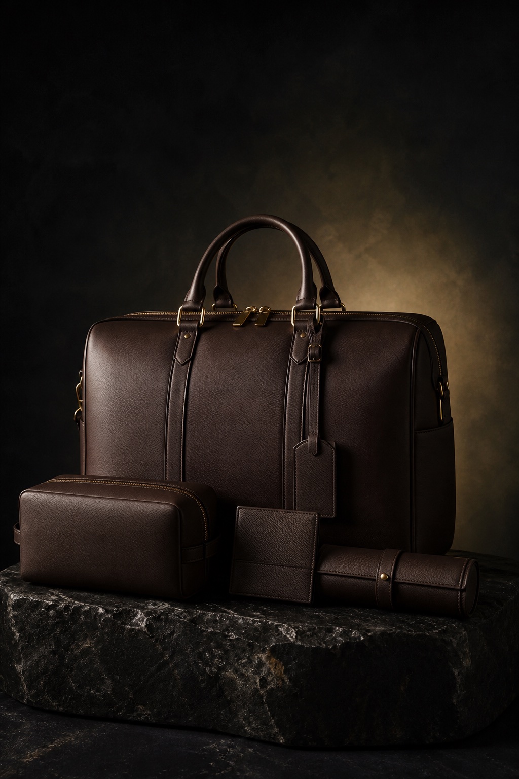 Premium leather travel bag and accessories on a dark stone plinth