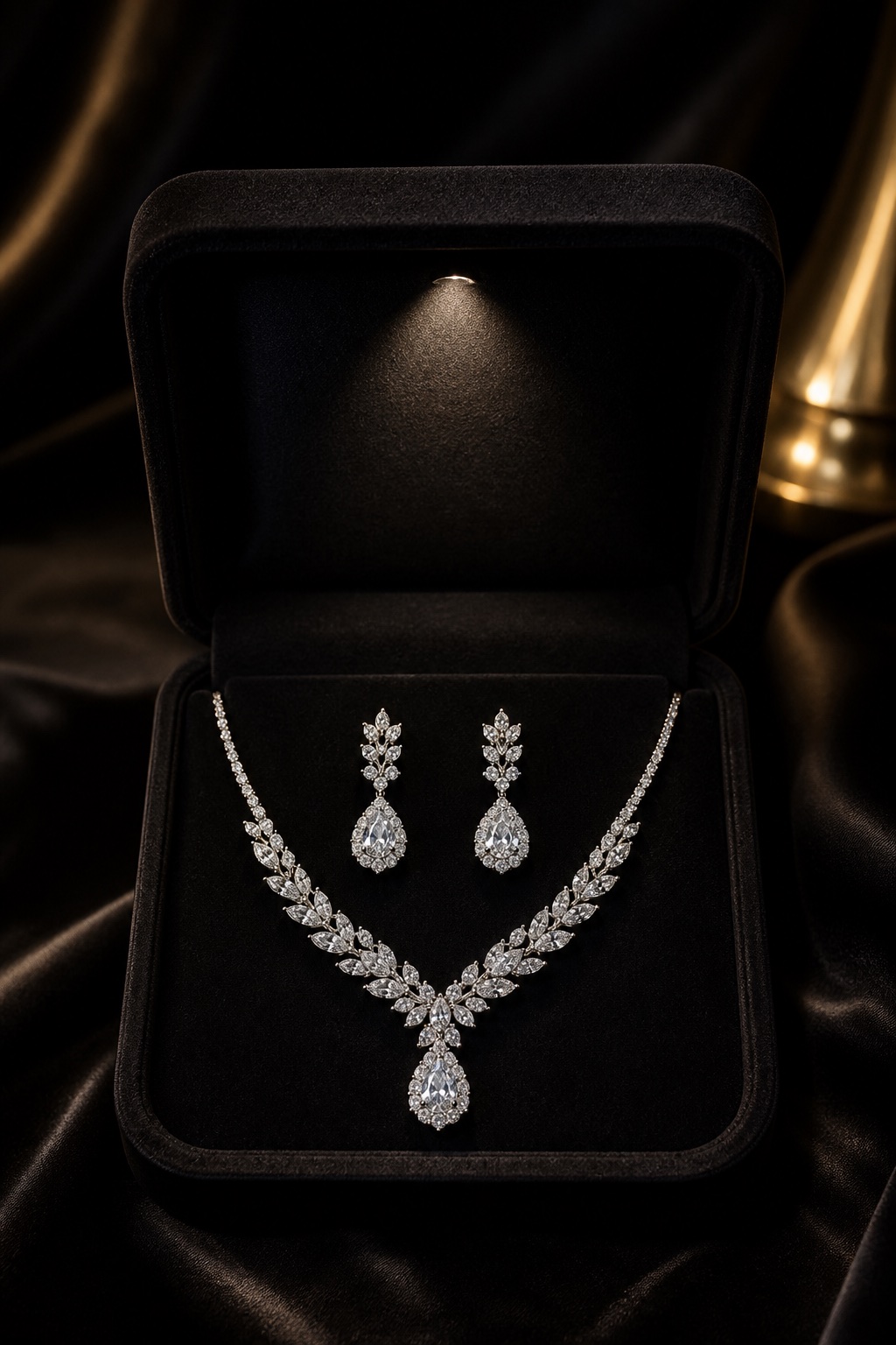 Diamond necklace and earrings presented in a black velvet jewellery case