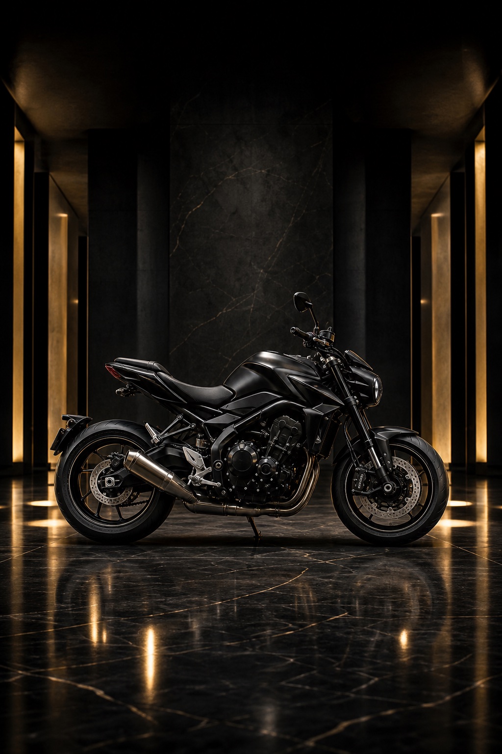 Black performance motorcycle in a dramatic architectural studio