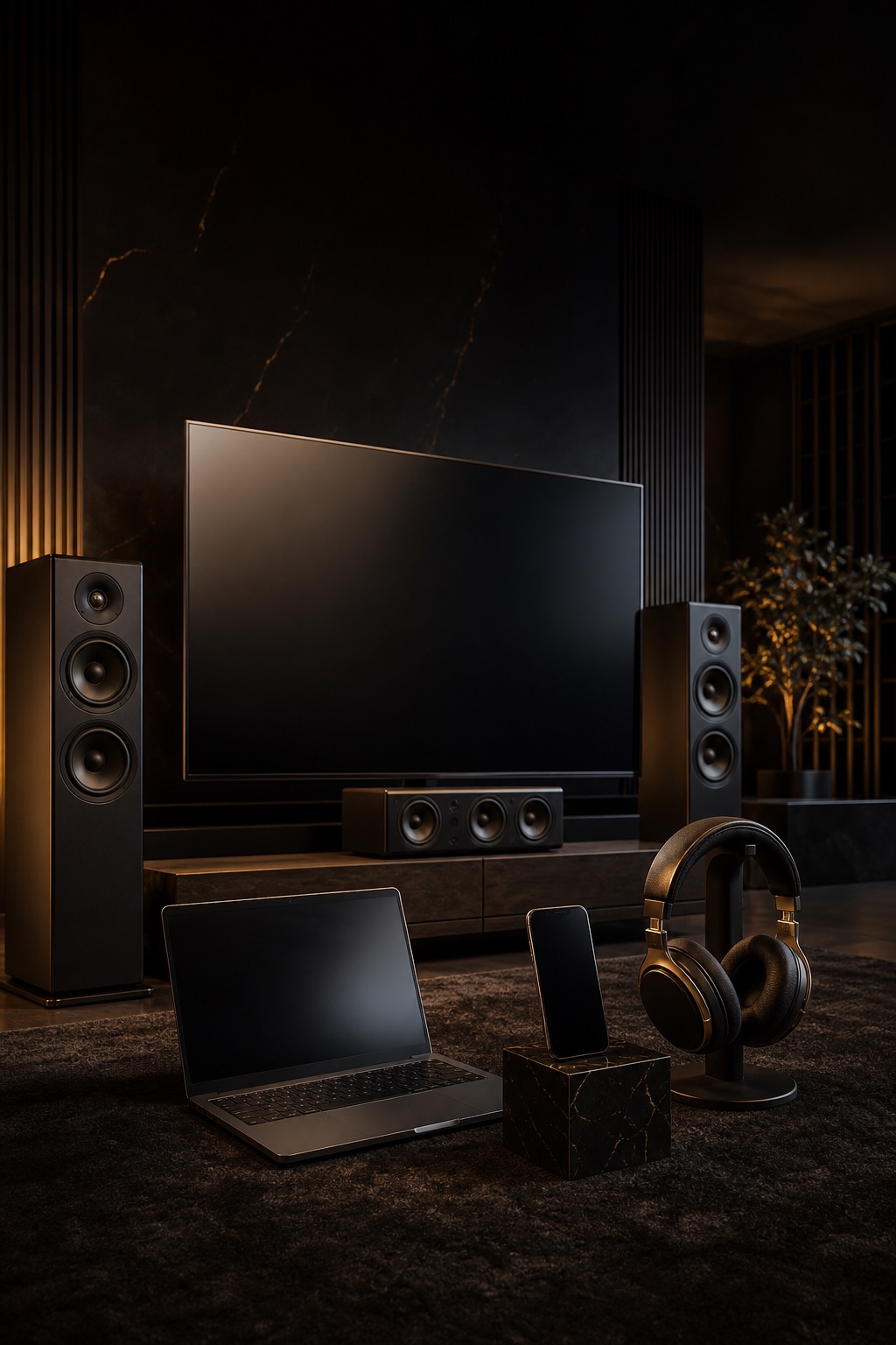 Premium television, sound system, laptop, phone and headphones in a dark interior