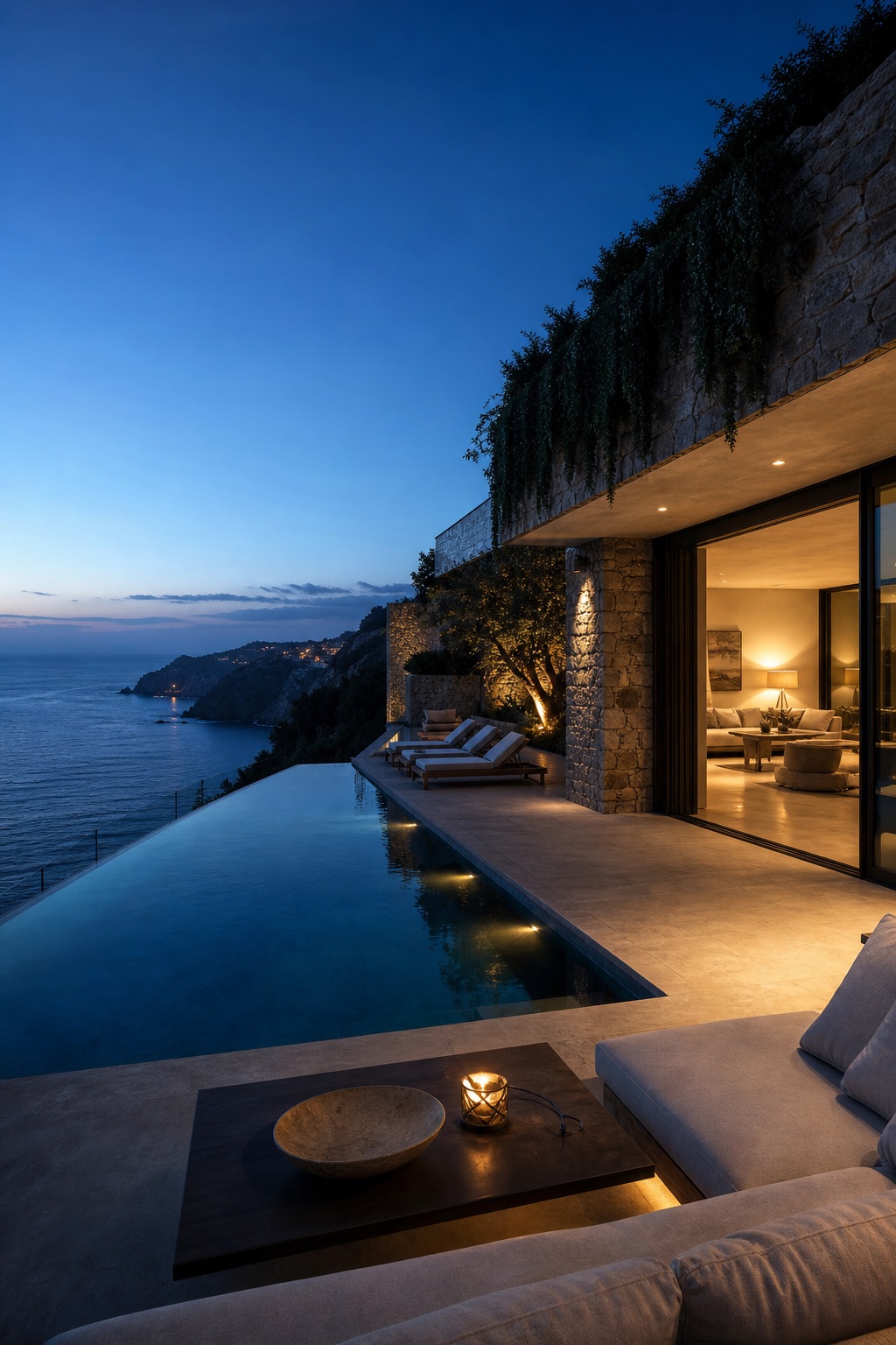 Luxury coastal villa with an infinity pool at blue hour
