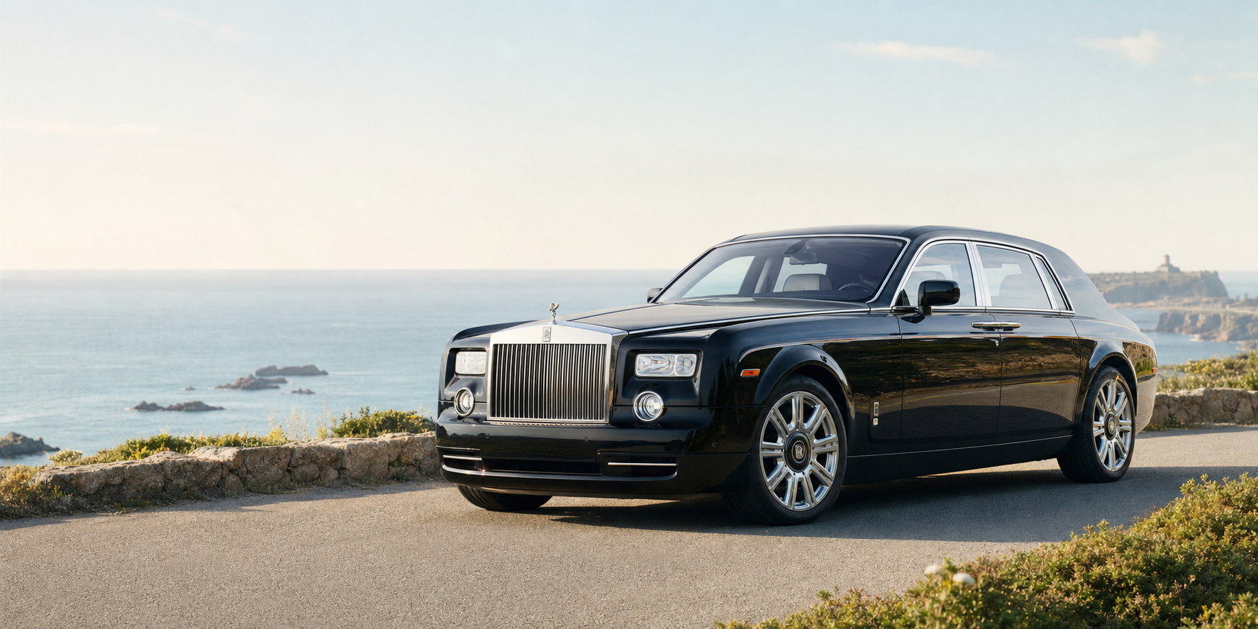 Concept image of a black 2014 Rolls-Royce Phantom beside the Jersey coastline
